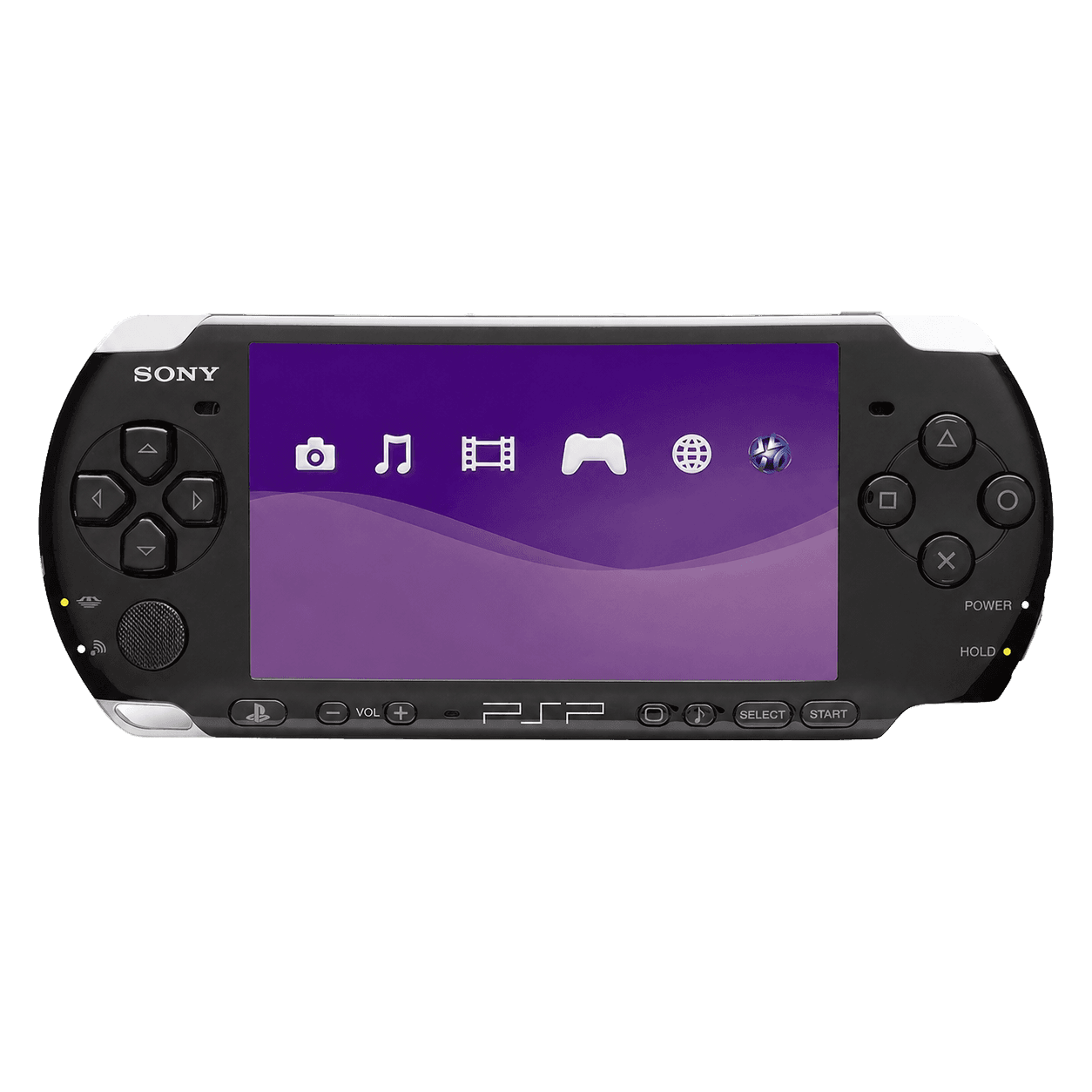 Black Sony PSP Slim console with purple home screen